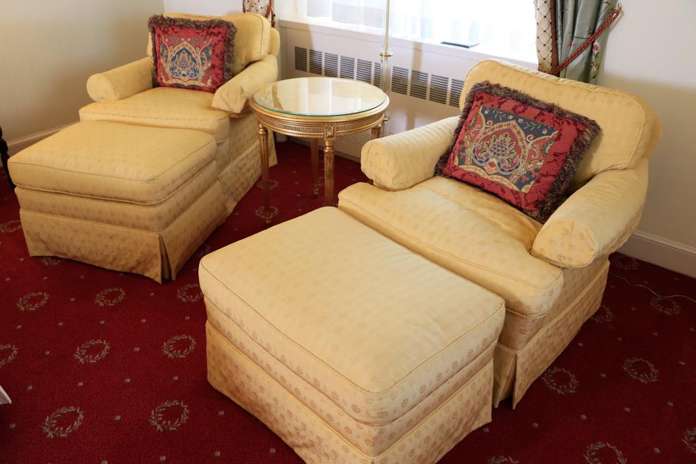 Pair of gold upholstered armchairs with floral design (1 of 1)