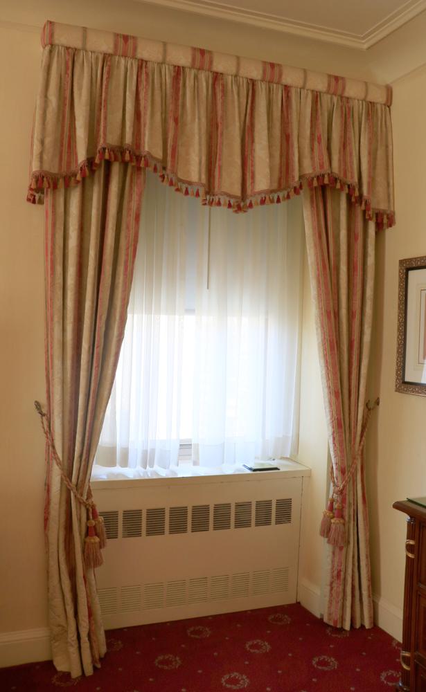 Set of 3: Cream/red striped draperies, pleated valance, (1 of 1)