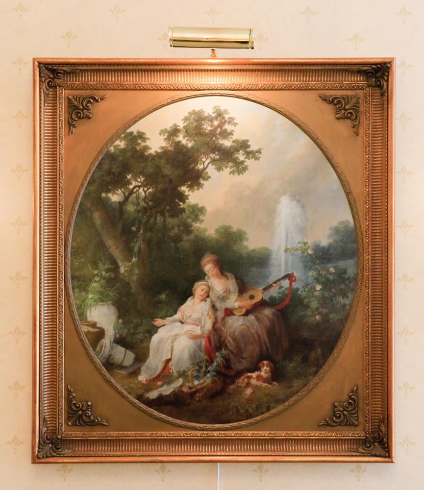 Giclee painting of two maidens by a waterfall, oval,: Saudi Arabian Suite: Giclee painting of two maidens by a waterfall, oval, fluted cove frame, 38x34"