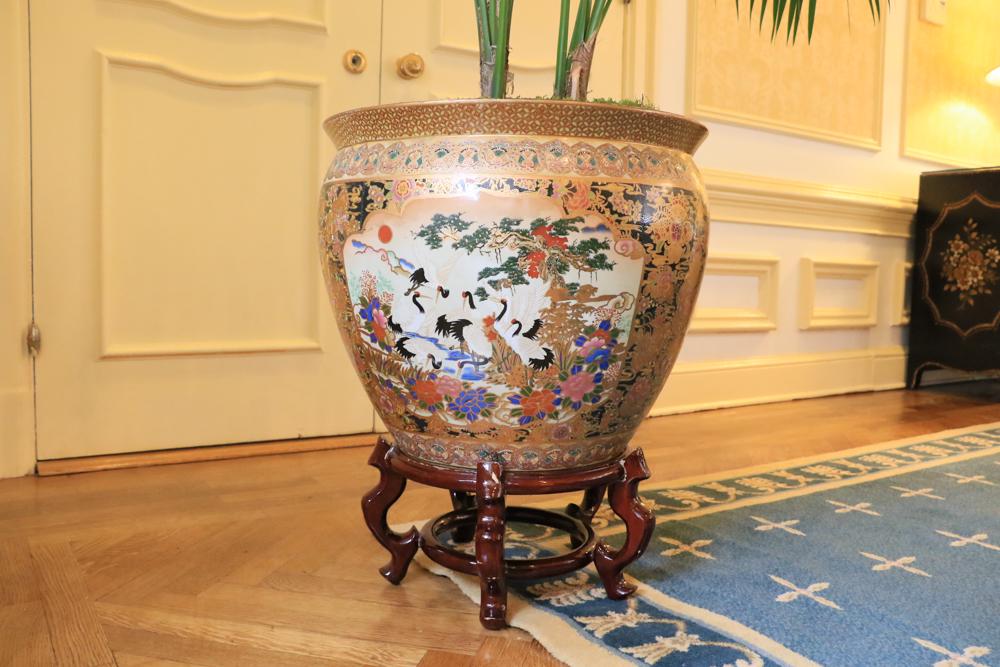 Chinese porcelain jardiniere on wooden stand 16x21": Saudi Arabian Suite: Chinese porcelain jardiniere on wooden stand 16x21"