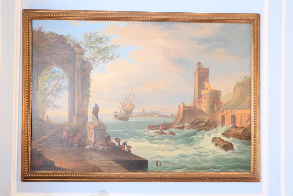 Italian coastal view with castle and travelers, oil on (1 of 1)