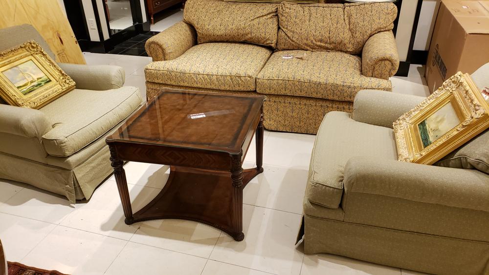 Pair of pale green upholstered armchairs with gold: Saudi Arabian Suite: Pair of pale green upholstered armchairs with gold design 31x34x44”