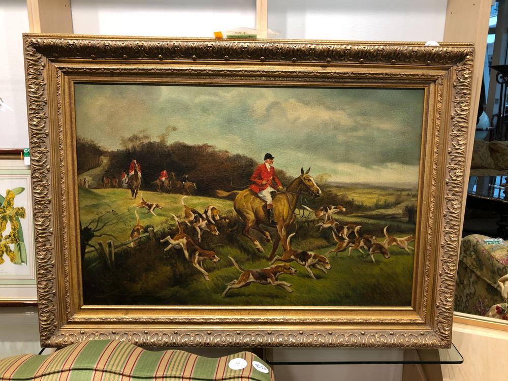 Hunt scene on canvas in gold frame, 32x43" (1 of 1)