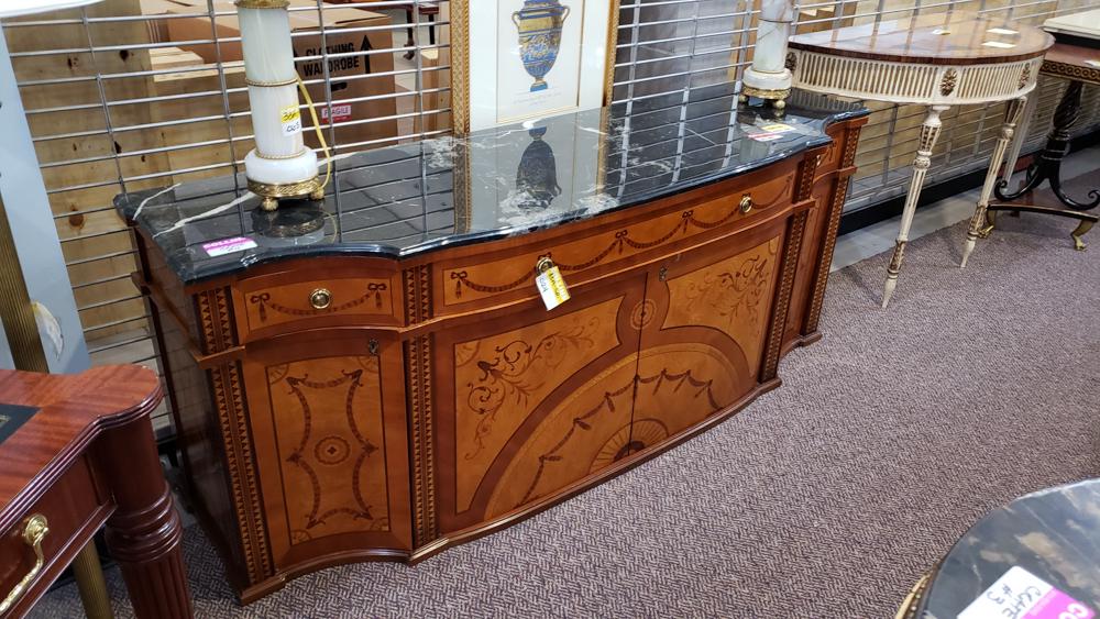 Italian-style marquetry inlaid marble-top sideboard: Cole Porter Suite: Italian-style marquetry inlaid sideboard with exceptional swag and fan inlay, black marble top, 38.5x74x21"