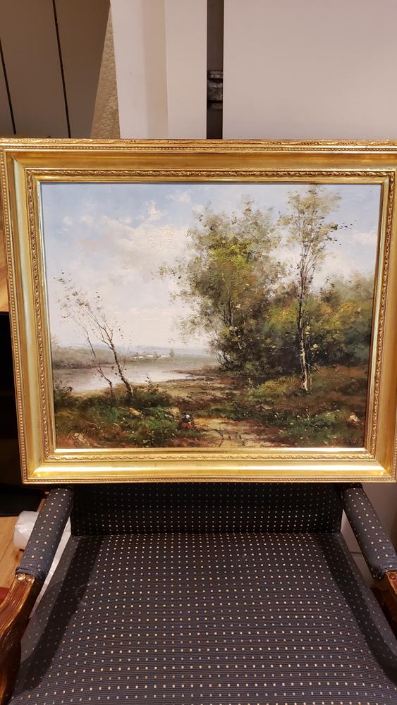 Barbizon style river landscape with boat signed Thayer; (1 of 1)