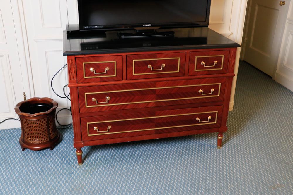 Mahogany and brass chest with black marble top, (1 of 1)