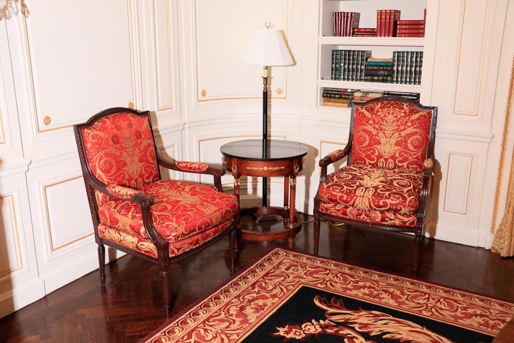 Pair of French style carved mahogany armchairs (1 of 1)