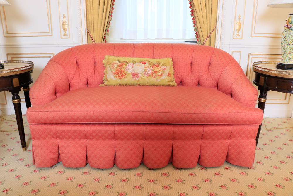 upholstered Rose colored sofa with needlepoint pillow, (1 of 1)