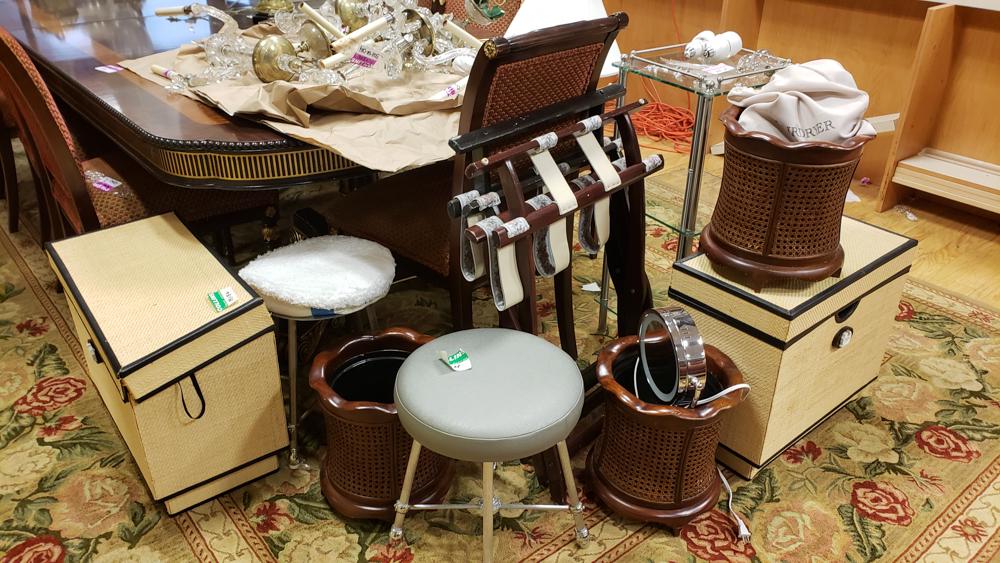 Assorted trash cans, stool, baskets, luggage racks (1 of 1)