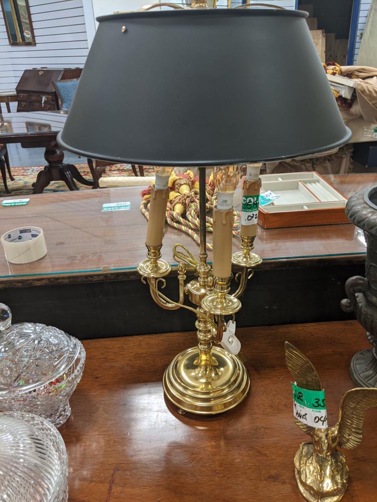 Brass 3-light table lamp with black metal shade, (1 of 1)