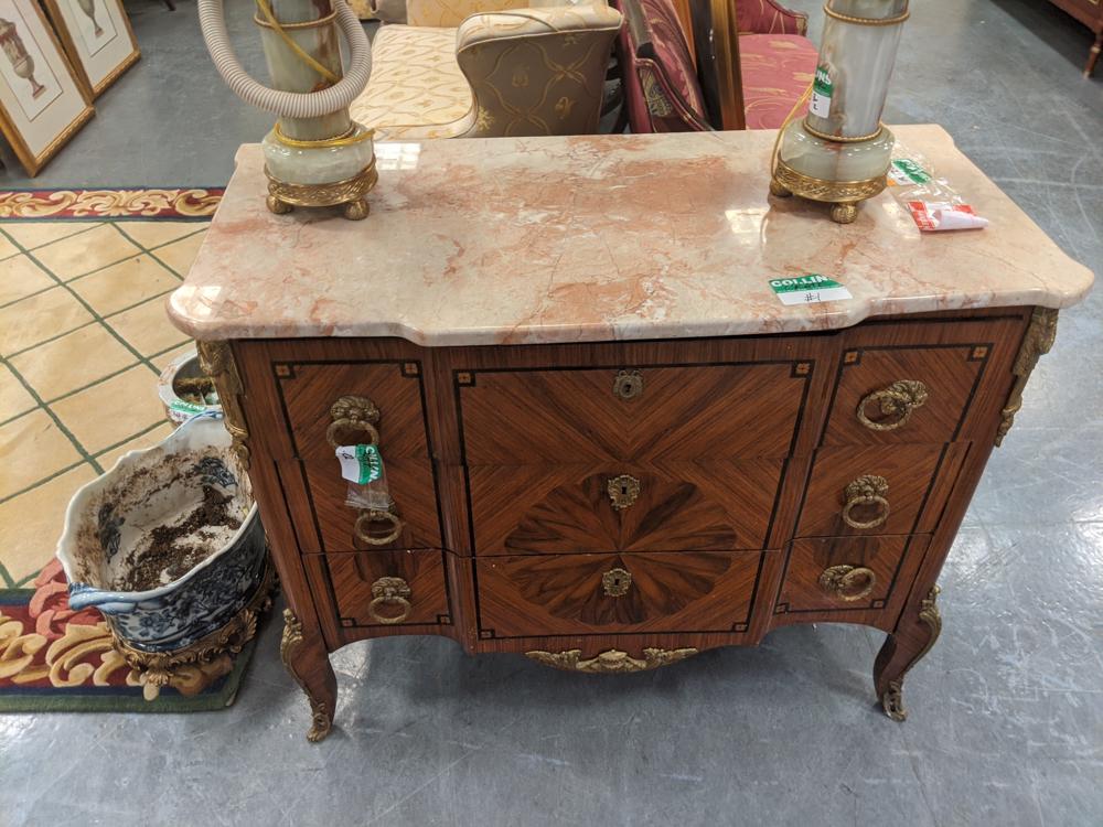 Louis XV style chest, rose and white marble top, brass (1 of 1)