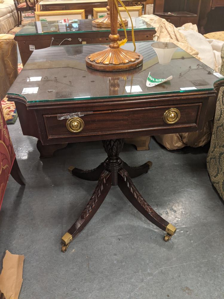 Saber-legged Duncan Phyfe style one drawer table,: Presidential Suite: Saber-legged Duncan Phyfe style one drawer table, labeled Century 27x24x24"