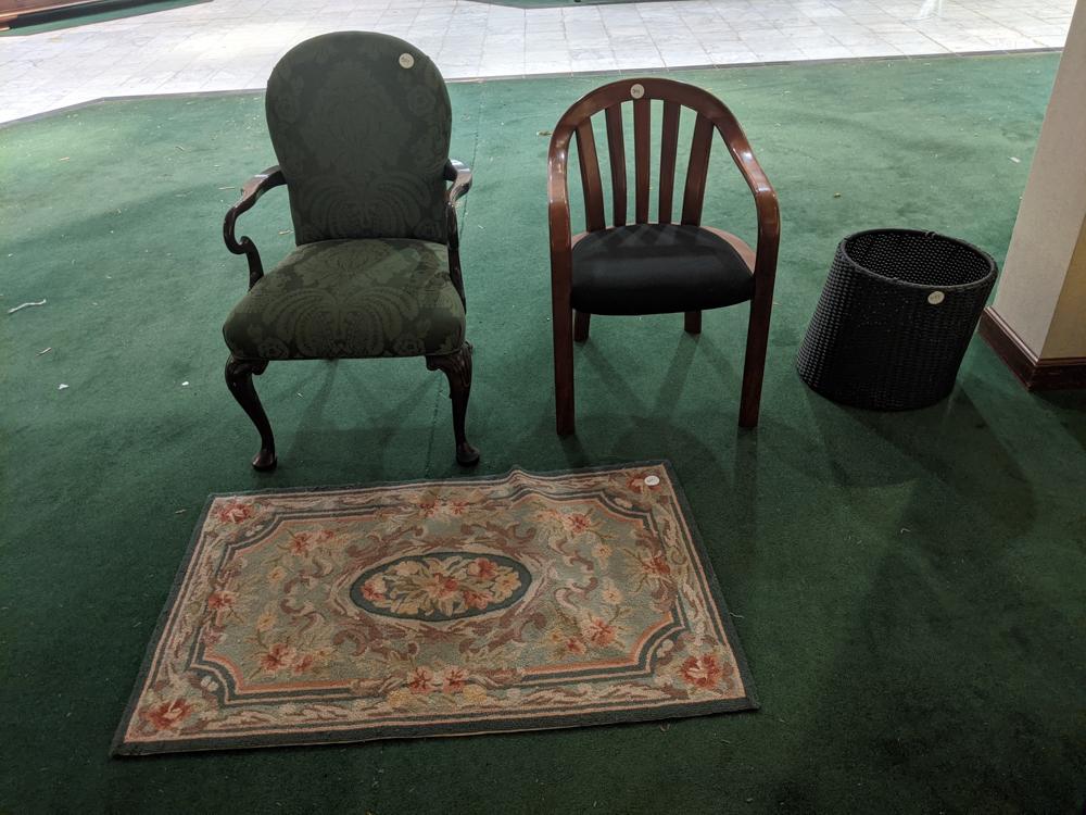 Lot of 2 chairs, basket and needlepoint carpet, 39x24 (1 of 1)