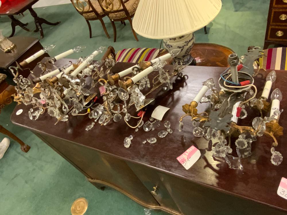 Lot of 4 brass and crystal sconces, 19 inches (1 of 1)