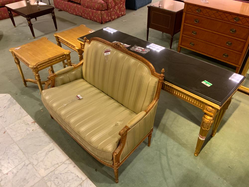 Gilt and marble hall table together with gilt side: 30th Floors Waldorf Towers Suites: Gilt and marble hall table together with gilt side tables and a gilt finished settee