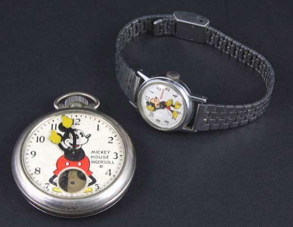 Ingersoll Mickey Mouse Pocket Watch, +Watch: Ingersoll Mickey Mouse pocket watch, Ingersoll Walt Disney Productions wristwatch.