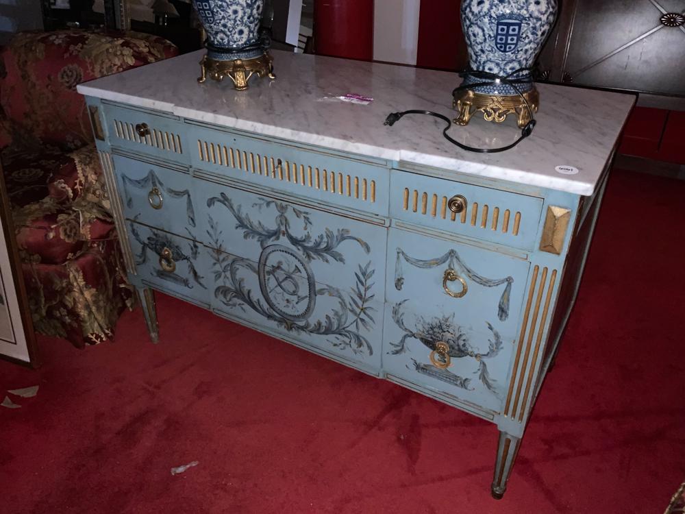 Blue painted chest of drawers with white marble top (1 of 1)