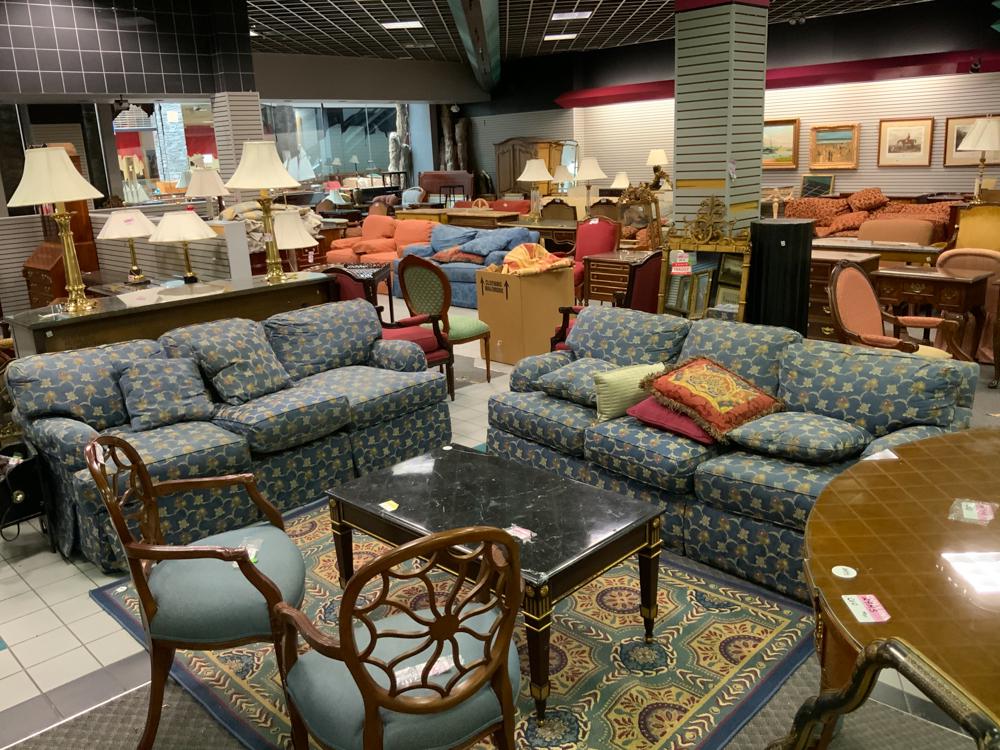 Pair of blue upholstered sofas, fabric poor condition (1 of 1)