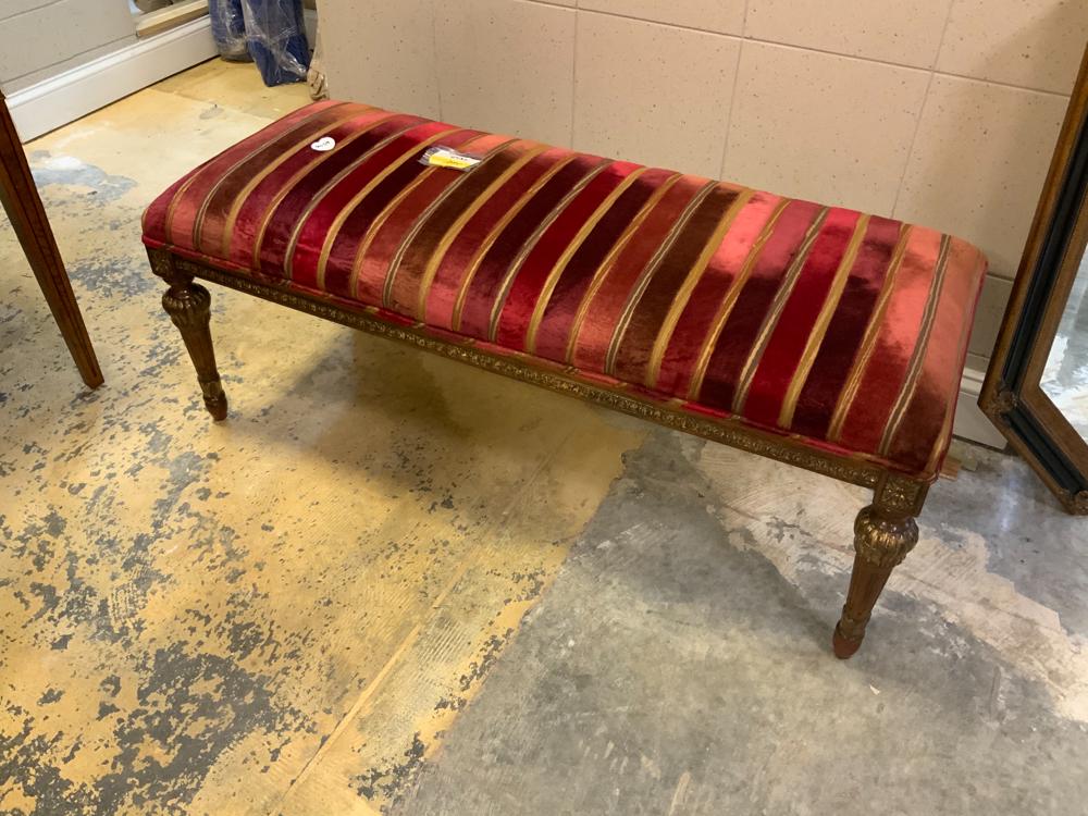 Red Upholstered Bench together with 2 carved French Arm (1 of 1)