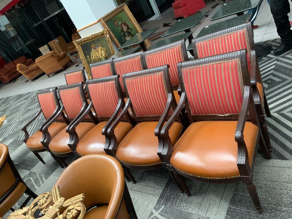 Lot of 10 wood framed leather seat dining room chairs (1 of 1)