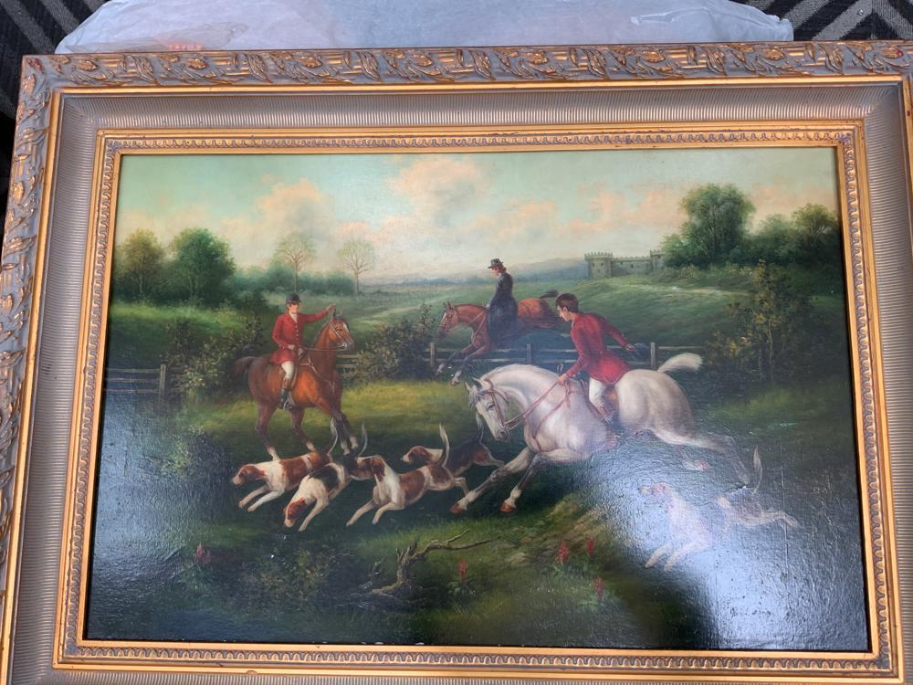 Oil on canvas gilt frame equestrian painting (1 of 1)