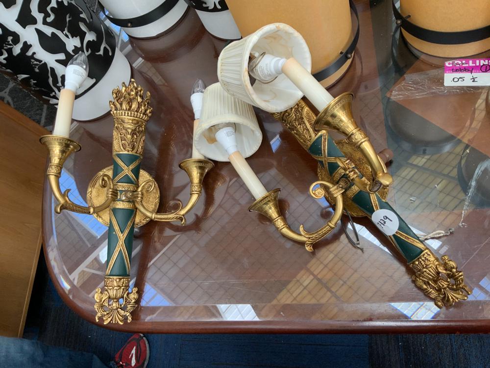 Lot of 2 empire sconces, green and gold as-is: Lobby Areas: Lot of 2 empire sconces, green and gold as-is