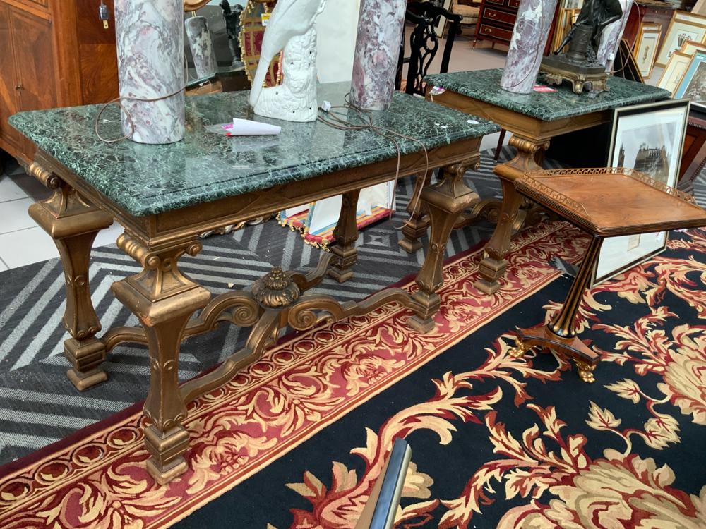 Pair of marble top lobby tables, gilt and green marble (1 of 1)