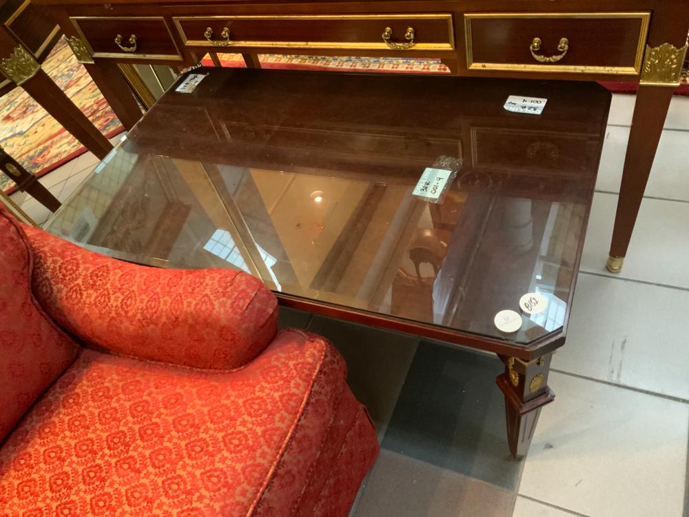 Regency Style Burlwood Glass Top Table: Regency-style burlwood center table with glass top.