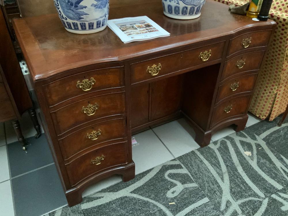 Chippendale Style Burlwood Kneehole Desk: Chippendale-style burlwood kneehole desk.