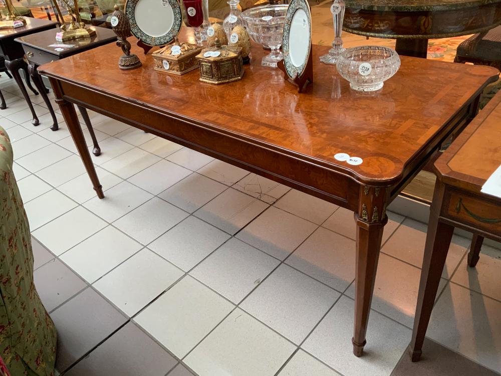 Neoclassical Style Burlwood Dining Table: Neoclassical-style burlwood rectangular dining table, 30 1/2" H x 71" L x 34" W.