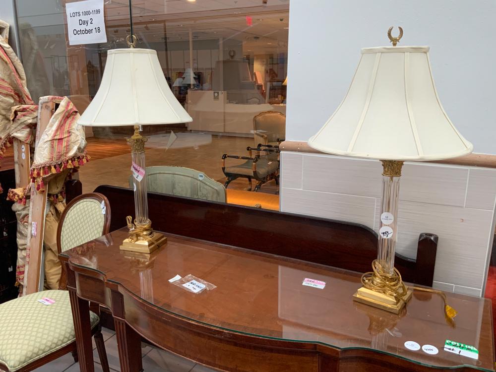 Pair of Brass and Crystal Lamps, Silk Shades (1 of 1)