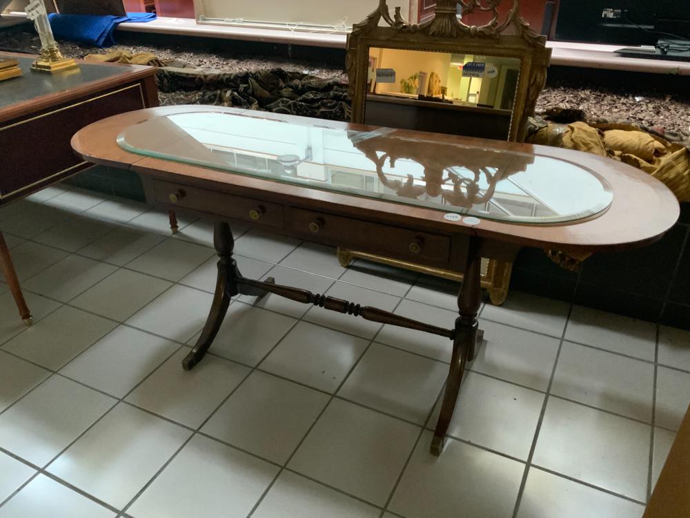 Duncan Phyfe Style Drop Leaf Console Table: Duncan Phyfe-style console table with drop leaf, 30" H x 70" W x 23" D.