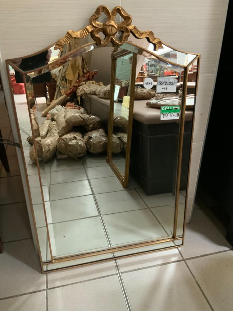 Beveled Glass Mirror with Carved Ribbon Top (1 of 1)