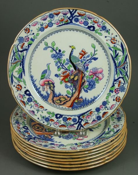 Set of (8) Mason's Ironstone Plates, 10 3/4"dia.: Set of eight (8) Mason's Ironstone plates, 10 3/4"dia. All with light staining and crazing; two with hairlines.