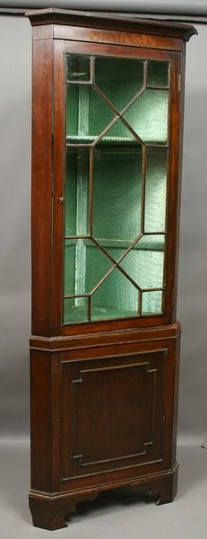 19th C. Hepplewhite Mahogany Corner Cabinet: 19th Century Hepplewhite mahogany two-piece corner cabinet, 78"h. x 28 1/2"w. x 17"d. Good condition.