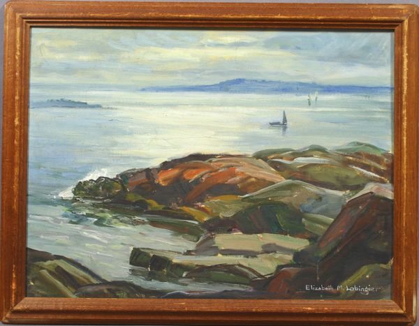 Sgnd E.M. Lobingier, Ocean & Rocks w/ Ship, o/b: Elizabeth M. Lobingier, ocean and rocks with ship, o/b, 11" x 16", in frame 14" x 18", signed LR. Good condition.