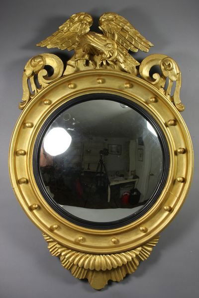 19th Century Federal Convex Mirror w/ Eagle Crest: 19th Century Federal convex mirror with eagle crest, 29"h. x 25" x 3".