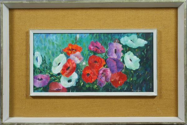 20th Century, Poppies, o/c, Signed Kaplan: 20th Century, Poppies, o/c, 7 3/4" x 8 3/4", framed and matted 15 1/2" x 23 3/4", signed "Kaplan" LR. Good condition.