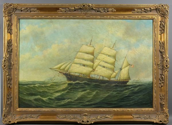 20th C. Portrait of Clipper Ship, o/c, D. Aldro: Late 20th Century, portrait of a clipper ship, o/c, 24" x 36", in frame 31" x 43 1/2", signed D. Aldro.