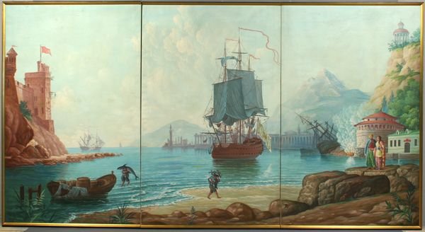 Early 20th C. Massive 3-Panel o/c, 15th C. Scene: Early 20th Century massive 3-panel oil on canvas Continental painting, 15th Century scene of boats in harbor (possibly depicting Columbus). Each panel 63" x 39". Framed. Good condition.