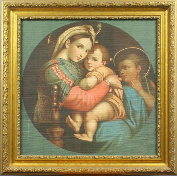 20th Century Madonna and Child on Cloth, Framed: 20th Century of Madonna and Child on cloth, 22" x 22", in frame 28" x 28", unsigned. Good condition.