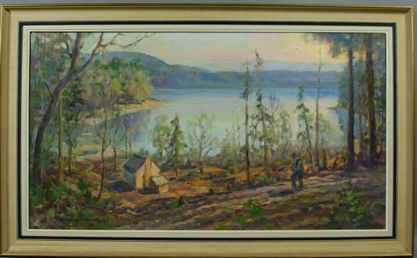 Adam Sherriff Scott, Landscape with Lake, o/c: Adam Sherriff Scott (Canadian, 1887-1980), landscape with lake, o/c, 20" x 36", in frame 41" x 25", signed LR. One small puncture upper right.