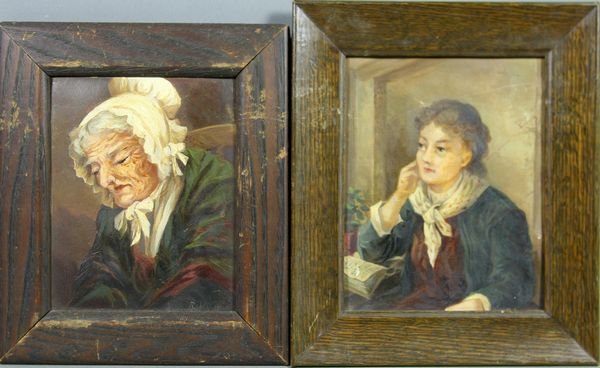 Robert Wilkie, (8) Small Genre Scenes/Portraits: Robert D. Wilkie (American), eight (8) small paintings, genre scenes and portraits, some oils, some watercolors, largest 7 1/2" x 6", in frame 10" x 8 1/4". Various conditions.