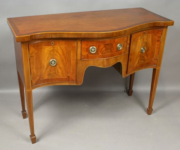 Early 19th C. Diminutive Hepplewhite Sideboard: Early 19th Century diminutive Hepplewhite mahogany sideboard, having bow front, substantial inlay, 36"h. .x 47 1/2"w. x 22"d. Good condition.