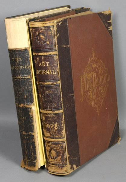 2Vols. The Art Journal [1856 and 1877]: 2 vols. The Art Journal [1856 and 1877] (London/NY, Illustrated) 1/4 leather worn, boards detached, spine torn, scattered foxing.