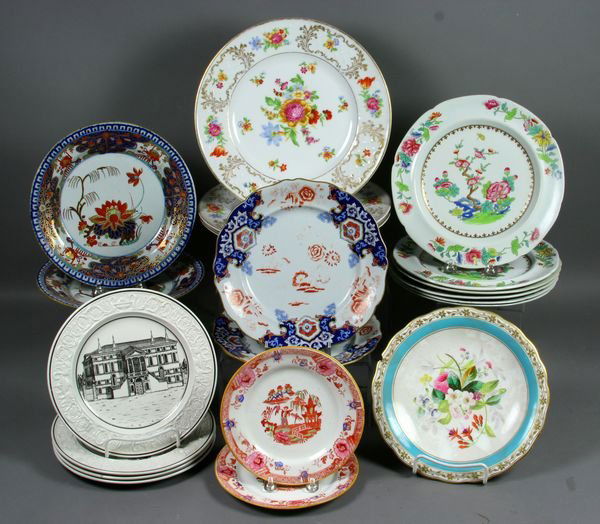 (20) Assorted Plates, Ironstone, Spode, etc.: Twenty (20) assorted plates, including: (2) "Ironstone China", 9"dia., surface wear; (2) "Turner's Patent", 9 1/4"dia., surface wear; (6) "Spode", 9 5/8"dia., surface wear; (3) "Bavaria", 11"dia., one