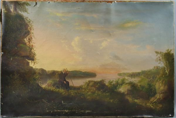 19th C. Hudson River School, Old Homestead: 19th Century American Hudson River School painting, "The Old Homestead", 27" x 40", unframed. As is condition, canvas coming off stretcher.