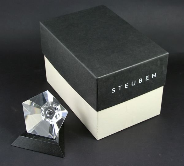 Steuben Glass "Vision" Crystal on Marble Stand: Steuben Glass "Vision" crystal, designed by Eric Hilton, 3 1/2"h. on 3/4" conforming marble base, in original box with felt bags, signed Steuben. Like new condition.