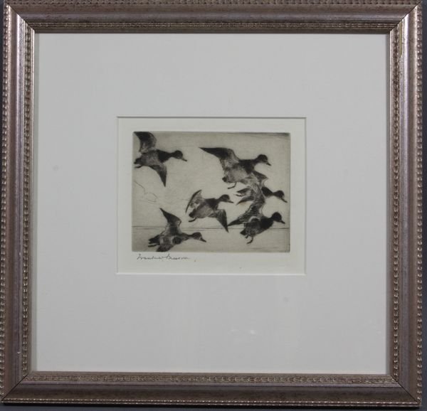 Frank W. Benson, Blue Bill Geese, Etching: Frank Weston Benson (1862-1951), Blue Bill Geese, etching, 3 3/4" x 5" (image), in frame 12" x 13", signed LL. Good condition.