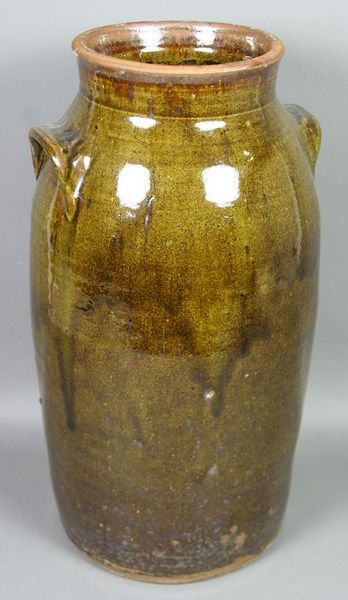 19th C. Green Glazed Redware 4-Gallon Crock: 19th Century green glazed redware four gallon crock, 18"h. x 10"dia. Good condition.